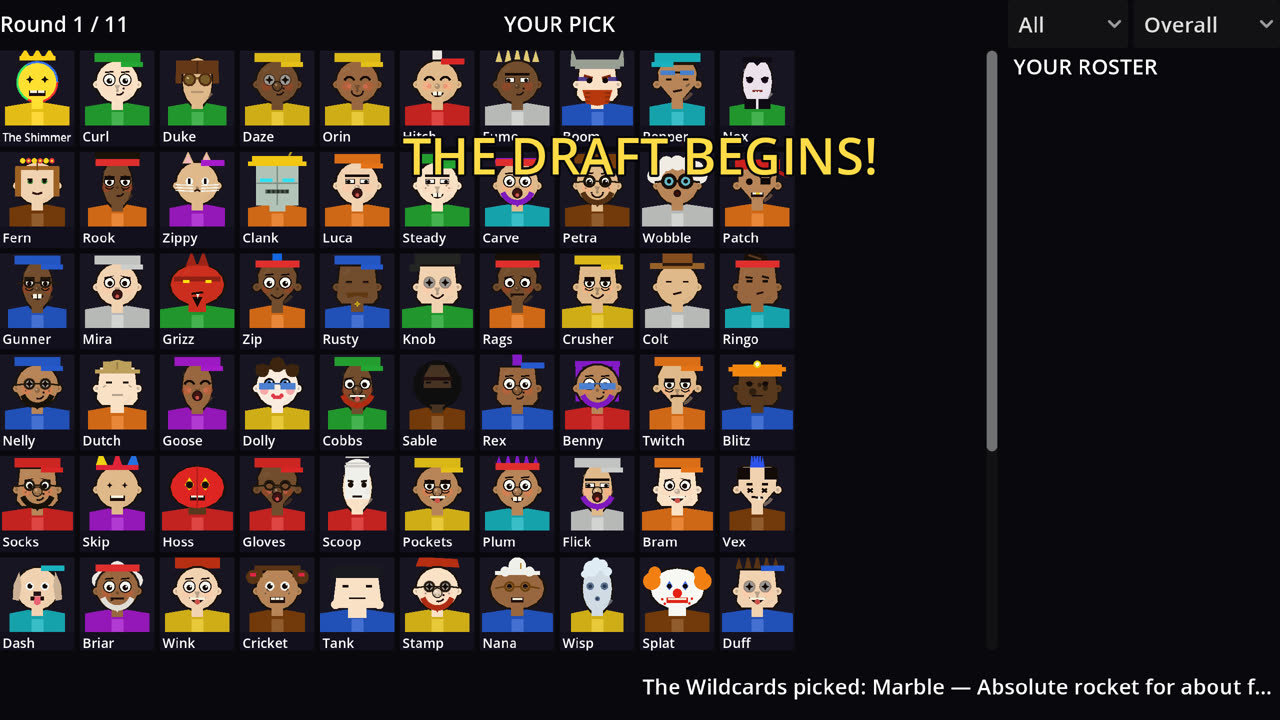 The draft screen with a grid of 90+ player headshots