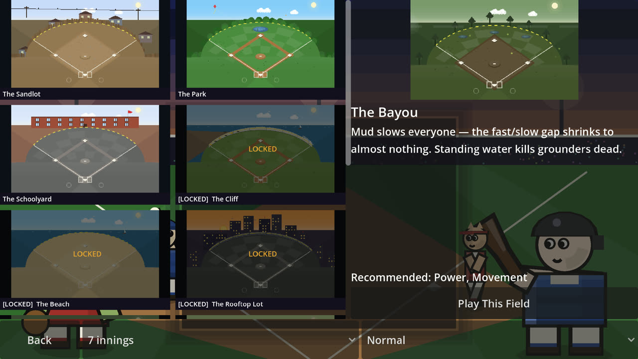 Field selector showing several themed ballparks